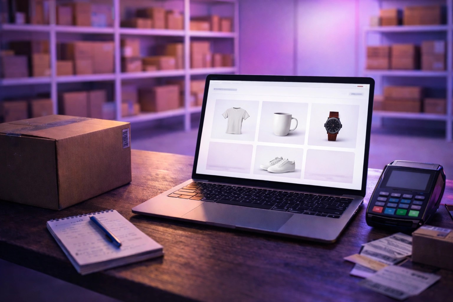 A laptop is open to an e-commerce store, sitting at the desk of an inventory warehouse.